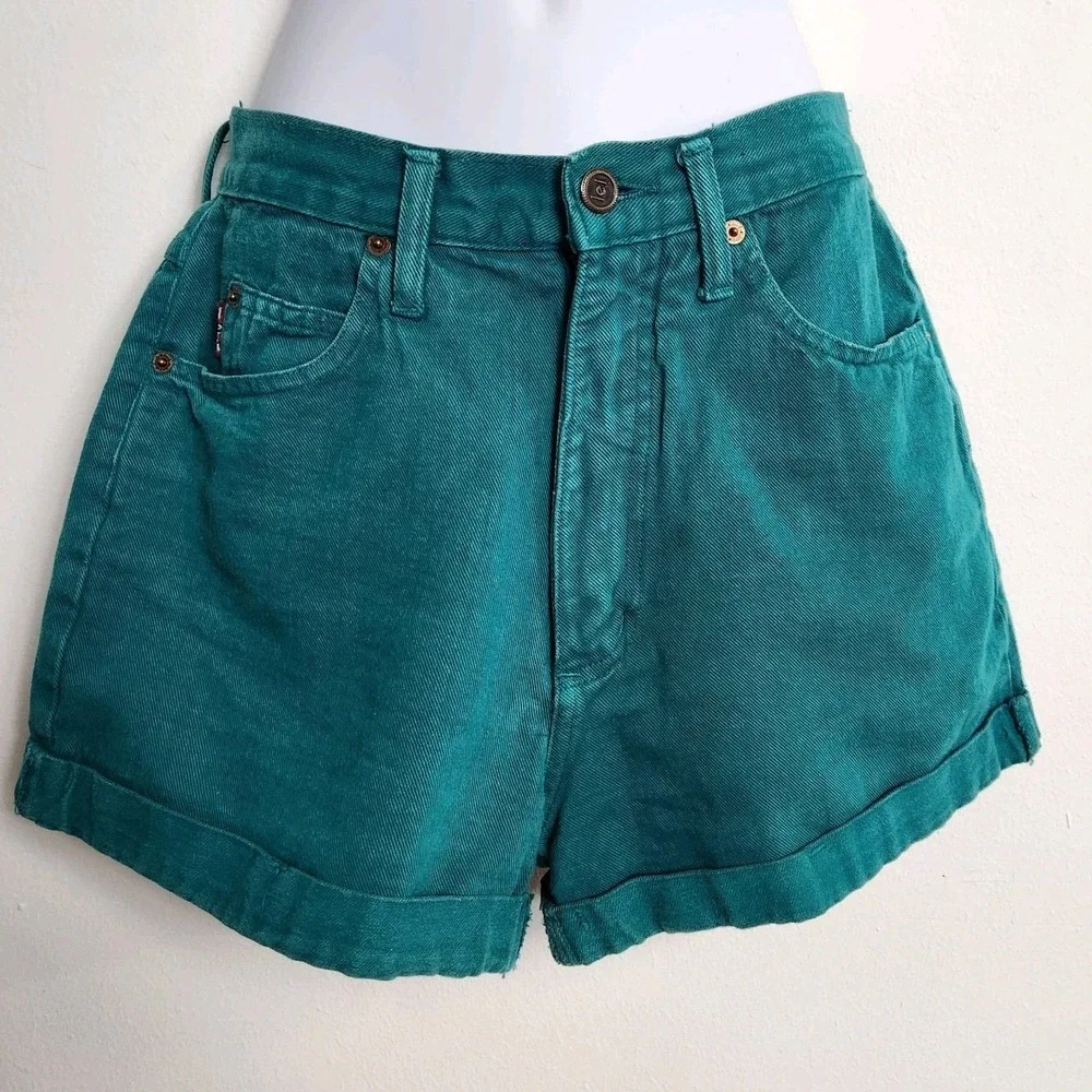 Vintage LEI Teal High Waisted Denim‎ Cuffed Shorts Womens Size 7 Retro 90s Mom